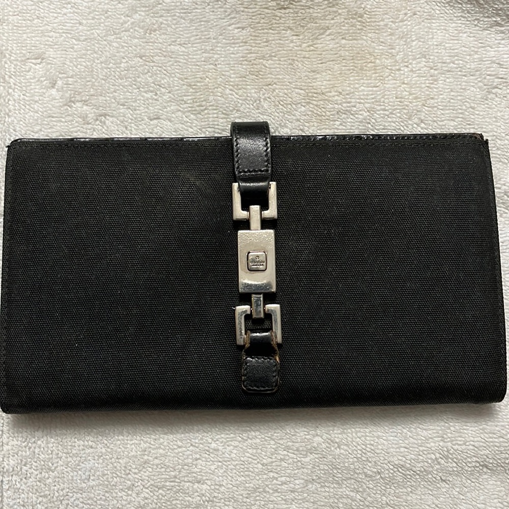 Gucci Soft Leather Interior, Fabric Exterior, Black, wallet/ organizer large